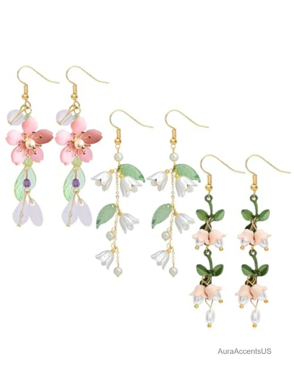Set of 3 Floral Dangle Earrings for Women - 316L Stainless Steel and Acrylic